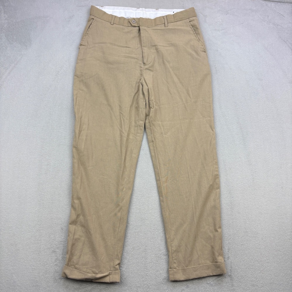 Enrico Rossini Pants Mens 36x30 Tan Khaki Linen Blend Cuffed Trousers Coastal